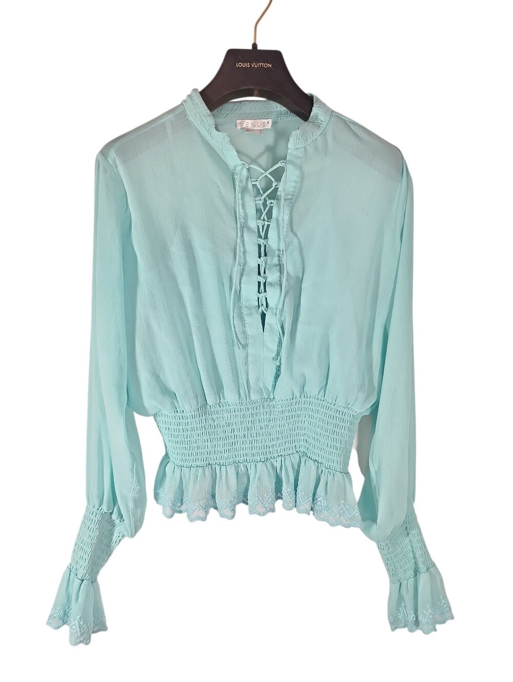 VENUS Light Aqua Lace-Up Smocked Waist Long Sleeve Blouse. 6